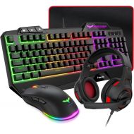 [아마존베스트]HAVIT Gaming Keyboard Mouse Headset & Mouse Pad Kit, Rainbow LED Backlit Wired, Over Ear Headphone with Mic for PC, Computer, Xbox ONE & PS4, Tablet, Mobile Phones