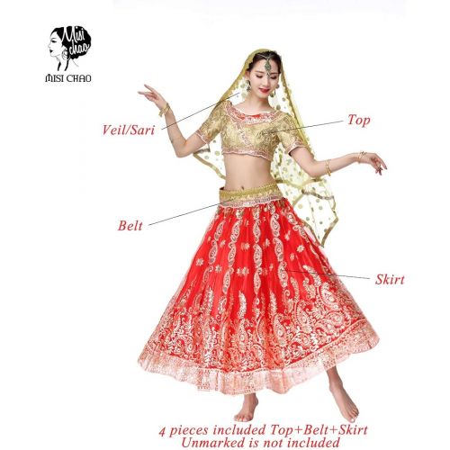  MISI CHAO Belly Dance Bollywood Costume - Sari Noble Indian Dance Outfit Halloween Costumes with Head Veil for Women