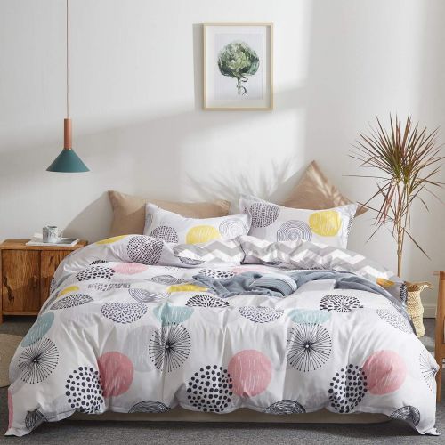  [아마존베스트]Uozzi Bedding Polyester & Polyester Blend Breathable/Stain Resistance, 800 Thread Count, Striped 3- Piece Bedding Sheet Set (1 Duvet Cover, 2 Pillowcases), Queen, Pink Gray Yellow
