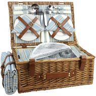 HappyPicnic Wicker Picnic Basket Set for 4 Persons | Large Willow Hamper with Large Insulated Cooler Compartment, Free Waterproof Blanket and Cutlery Service Kit-Classical Brown