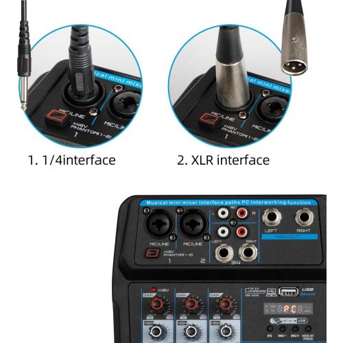  [아마존베스트]Depusheng U4 Musical Mini Mixer 4 Channels Audio Mixers Bluetooth USB Mixing Console with Sound Card Built-in 48V Phantom Power for Computer Recording, Bands