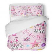 Cozy SanChic Duvet Cover Set Pink Doodle Princess with Castle Crown Butterfly Stars Diamond Abstract for Girls Baby Decorative Bedding Set with 2 Pillow Shams Full/Queen Size