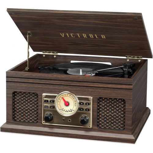  Victrola 4-in-1 Nostalgic Bluetooth Record Player with 3-Speed Record Turntable and FM Radio, Espresso