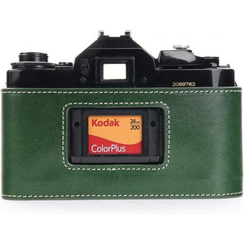  A-1 Case, BolinUS Handmade Genuine Real Leather Half Camera Case Bag Cover for Canon New AE-1 AE-1P A-1 (with Handle) Camera with Hand Strap (Green)