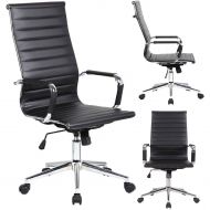 Artisdecor ARTIS DEECOR Ribbed Low and High Back Executive Office Chair Made with Upholstered Genuine Italian Leather, Swivel and Polished Aluminium Frame - High-Back Black
