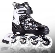 Kuxuan Boys Camo Black & Silver Adjustable Inline Skates with Light up Wheels, Fun Illuminating Roller Blading for Kids Girls Youth