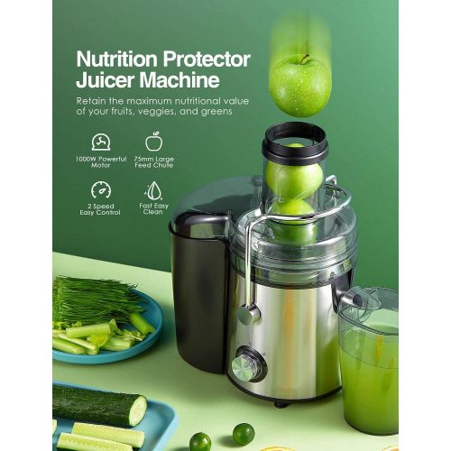  A/C Juicer Machines 1000 W Juicer Extractor Whole Fruit and Vegetables, Dual Speed Juicer with Higher Juice and Nutrition Yield, Anti-Drip Function, Stainless Steel, Silver and Bla