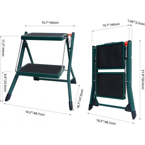  [아마존베스트]Delxo 2 Step Stool Stepladders Lightweight White Folding Step Ladder with Handgrip Anti-Slip Sturdy and Wide Pedal Steel Ladder Mini-Stool 250lbs 2-Feet Green