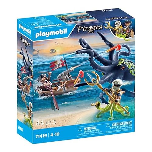 플레이모빌 Playmobil 71419 Pirates: Battle with The Giant Octopus, Octopus with Water-Spraying Function and Functioning Cannon, Fun Imaginative Role Play, playsets Suitable for Children Ages 4+