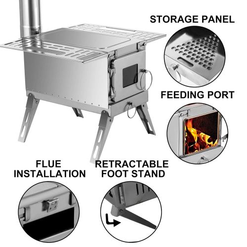  Happybuy Tent Wood Stove 18.3x15x14.17 inch, Camping Wood Stove 304 Stainless Steel With Folding Pipe, Portable Wood Stove 90.6 inch Total Height For Camping, Tent Heating, Hunting