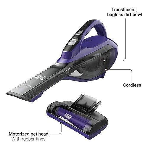  BLACK+DECKER dustbuster AdvancedClean Pet Cordless Handheld Vacuum with Motorized Head, Purple (HLVA325JP07)