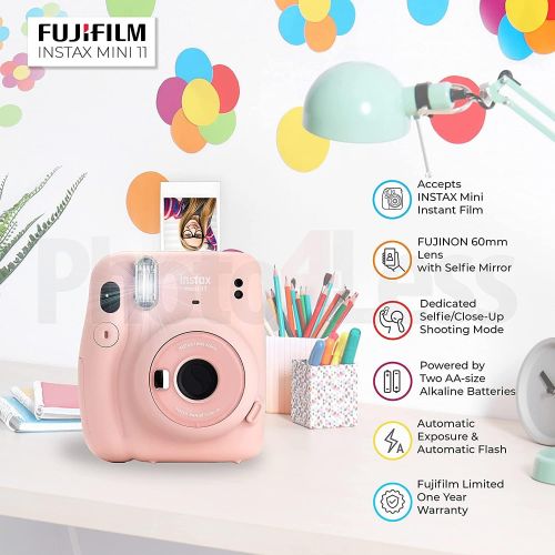 후지필름 Fujifilm Instax Mini 11 Instant Camera + Instax Mini Twin Pack Film + Hanging Frames + Plastic Frames + Case + Close Up Filters - All Inclusive Bundle! (Blush Pink)