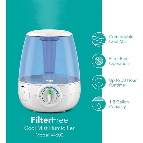 빅스 Vicks Filter-Free Ultrasonic Cool Mist Humidifier, Medium Room, 1.2 Gallon Tank  Visible Cool Mist Humidifier for Baby, Kids and Adult Rooms, Bedrooms and More, Works With Vicks V