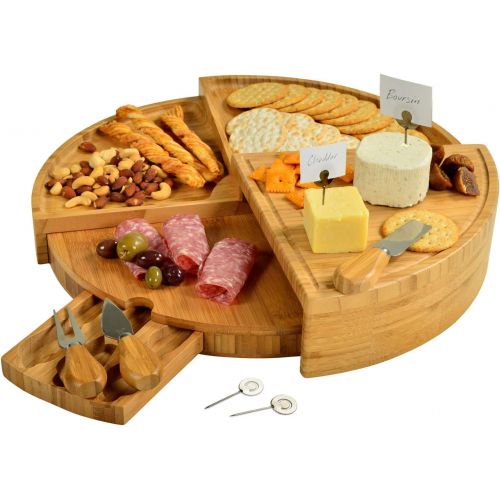  [아마존베스트]Picnic at Ascot Patented Bamboo Cutting Board for Cheese & Charcuterie with Knives & Cheese Markers- Stores as a Compact Wedge- Opens to 18 Diameter- Designed & Quality Checked in