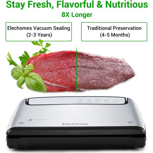  Elechomes Vacuum Sealer, Built-in Bag Storage and Cutter, 85KPA Powerful Suction Food Saver Machine, Dry and Moist Food Preservation with Bags and Roll Starter Kit, Easy to Clean,