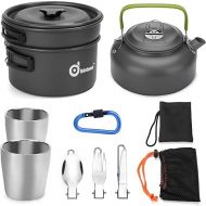 Odoland Camping Cookware Mess Kit, Lightweight Pot Pan Kettle with 2 Cups, Fork Spoon Kit Stainless Steel, gray for Backpacking, Outdoor Camping Hiking and Picnic