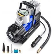 AstroAI Portable Air Compressor Pump, Digital Tire Inflator 12V DC Electric Gauge with Larger Air Flow 35L/Min, LED Light, Overheat Protection, Extra Nozzle Adaptors and Fuse, Blue