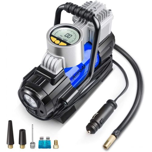  AstroAI Portable Air Compressor Pump, Digital Tire Inflator 12V DC Electric Gauge with Larger Air Flow 35L/Min, LED Light, Overheat Protection, Extra Nozzle Adaptors and Fuse, Blue