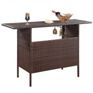 Giantex Outdoor Patio Rattan Wicker Bar Counter Table with 2 Steel Shelves, 2 Sets of Rails Garden Patio Furniture, 55.1X18.5X36.2(LXWXH), Brown