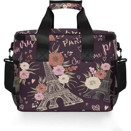  ALAZA Peony and Eiffel Tower Vintage Large Cooler Lunch Bag, Waterproof Cooler Bag for Camping, Picnic, BBQ, Family Outdoor Activities
