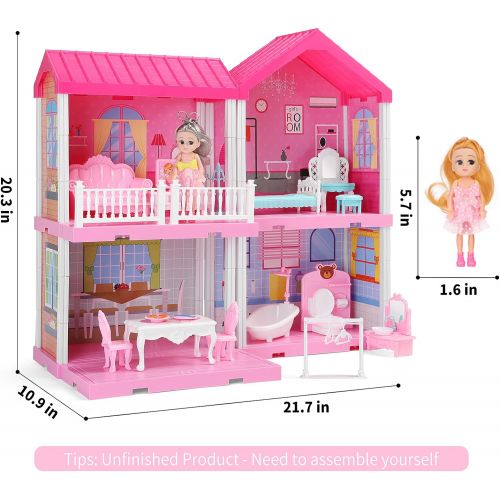  TEMI Dollhouse Dreamhouse with Dolls, DIY Cottage Pretend Play Doll House with Accessories Including Furniture and Household Items, Girl Toys for 3 4 5 6 7 Year Old