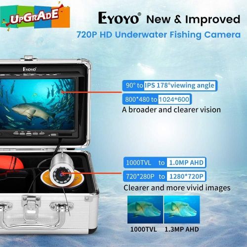  [아마존베스트]Eyoyo Underwater Fishing Camera, Ice Fishing Camera Portable Video Fish Finder, Upgraded 720P Camera w/ 12 IR Lights, 1024x600 IPS 7 inch Screen, for Ice, Lake, Boat, Sea Fishing (