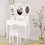 Canvoi Wood Vanity Makeup Dressing Table Set W/Stool & Mirror 7 Drawer&Folding Mirror