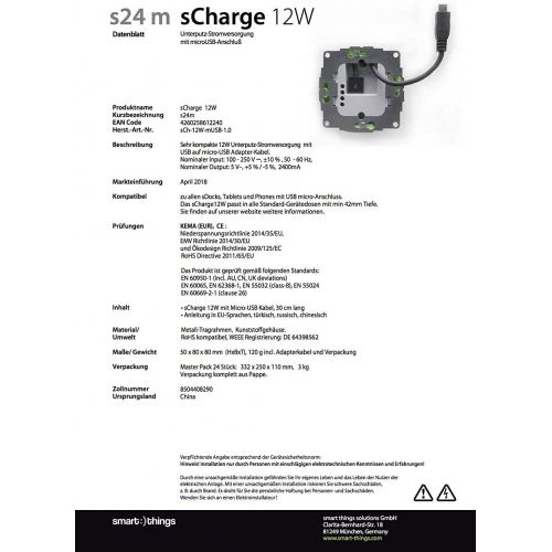  [아마존베스트]Smart things solutions smart things s24 m sCharge - flush-mounted power supply 12W for all sDock (not fix) including Micro USB cable for charging the iPad in a sDock 1st generation | 5 V, + 5% / -5%, 240