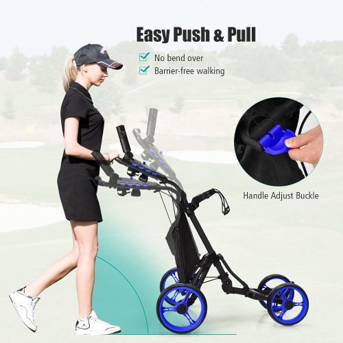  Tangkula Golf Push Pull Cart, Lightweight Aluminum Collapsible 4 Wheels Golf Push Cart, Golf Trolley with Foot Brake, Free Cup Holder & Umbrella Holder, Height-Adjustable Handle