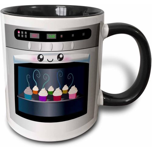  3dRose mug_58309_4Cute kawaii happy smiling oven filled with baking cupcakes - for chefs foodies and cooking fans Two Tone Black Mug, 11 oz, Multicolor