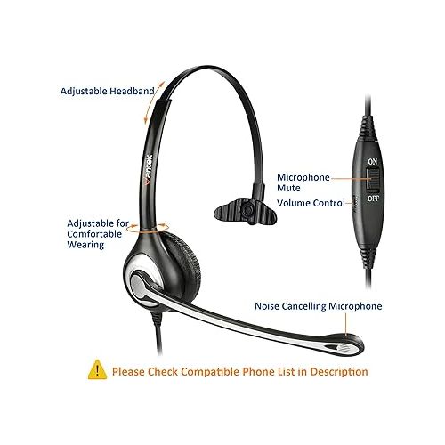  Wantek Corded Telephone Headset Mono w/Noise Canceling Mic Compatible with ShoreTel Plantronics Polycom Zultys Toshiba NEC Aspire Dterm Nortel Norstar Meridian Packet8 Landline Deskphones(F600S2)