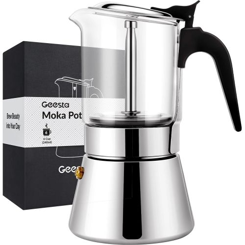  GEESTA Premium Crystal Glass-Top Stovetop Espresso Moka Pot - 4 / 6/ 9 Cups Stainless Steel Coffee Maker- 240ml/8.5oz/6 cup (espresso cup=40ml)