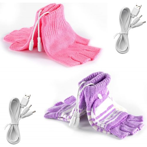 [아마존베스트]Fpxnb 2 Pairs USB Heated Gloves for Men and Women, USB 2.0 Powered Stripes Heating Pattern Knitting Wool Heating Mittens Hands Warmer Fingerless Washable Design Winter Gift(Purple&Pink)