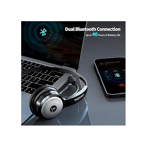  TECKNET Bluetooth Wireless Headset with Mic for Work, AI Noise Cancelling Microphone and Charging Base for Laptop, On Ear Bluetooth Headphone Telephone Headset for PC, Cell Phone, Skype, Zoom (Black)