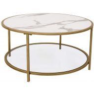 Ravenna Home Parker Circle Shelf Storage Coffee Table, 31.5W, Faux Marble & Gold
