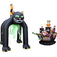 BZB Goods TWO HALLOWEEN PARTY DECORATIONS BUNDLE, Includes 7 Foot Halloween Inflatable Skeletons Ghosts on Pirate Ship, and 13 Foot Tall Halloween Inflatable Black Cat Archway Blowup with Li