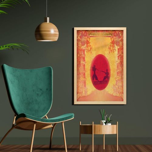 Ambesonne Japanese Wall Art with Frame, Warrior Ninjas at Sunset Between Building Flowers? Theme Japanese Print, Printed Fabric Poster for Bathroom Living Room Dorms, 23 x 35, Must