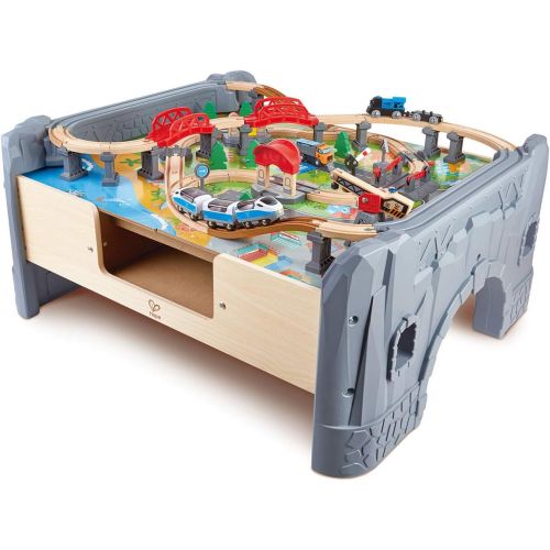  Hape E3766 70 Piece Railway Train Table and Set Toy with Battery Powered Locomotive with Removable Playmat Surface and Storage for Kids 3 Years and Up