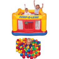 Intex Inflatable Colorful Jump-O-Lene Indoor Outdoor Bouncy Kids Ball Pit Castle Jumper Bounce House for Kids Ages 3-6 w/ 100 Play Balls