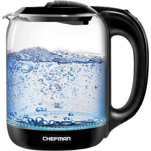  Chefman 1.7 Liter Electric Glass Tea Kettle, Fast Hot Water Boiler, One Touch Operation, Boils 7 Cups, Swivel Base & Cordless Pouring, Auto Shut-Off