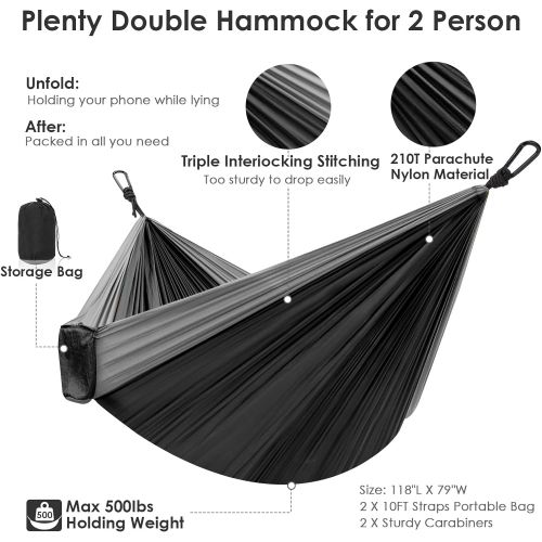  KUYOU Double Hammock for Camping, Double & Single Portable Outdoor Hammocks with 2 Tree Straps, Lightweight Nylon Parachute Hammocks for Travel Camping Backpacking Hiking Backyard