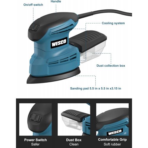  [아마존베스트]WESCO Compact 1.3A Mouse Detail Sander with 12Pcs Sandpapers, 14,000 RPM, Efficient Dust Collection System, for Detail Sanding in Home Decoration /WS4067U
