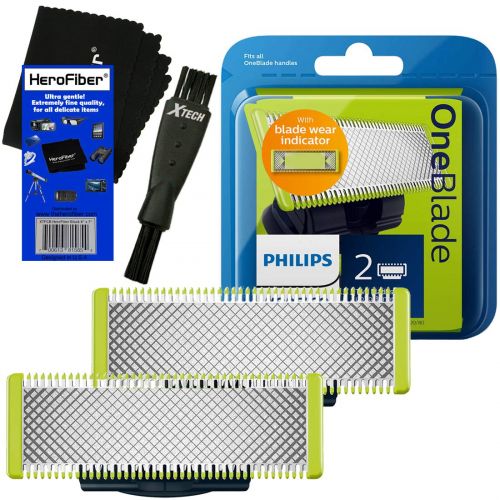  Philips Norelco OneBlade Replaceable Blades (2 Pack) for OneBlade QP2520, QP2530, QP2630, Pro QP6510, QP6520 Electric Trimmers + Double Ended Shaver Brush + HeroFiber Ultra Gentle