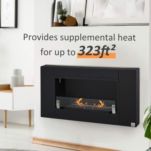  HOMCOM Ethanol Fireplace, 43.25 Wall-Mounted 0.73 Gal Stainless Steel Max 323 Sq. Ft., Burns up to 4 Hours, Black