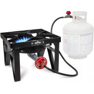 Hike Crew Cast Iron Single-Burner Outdoor Gas Stove 220,000 BTU Portable Propane-Powered Cooktop with Blue Flame Air Control Panel, Hose with Adjustable 0-20 PSI Regulator