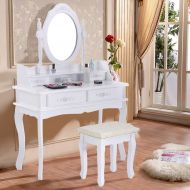 Apontus White Vanity Jewelry Makeup Dressing Table Set W/Stool 4 Drawer Mirror Wood Desk