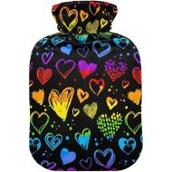 hot Water Bottles with Soft Cover 1 Liter fashy ice Pack for Hot and Cold Compress, Hand Feet Neon Pattern Happy Valentine's Day