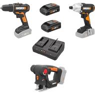 WORX 20V Cordless Power Tool Combo WX911L Drill Driver+ Reciprocating Saw+Impact Driver, AXIS JigSaw 2IN1 Multi purposed Saw, PowerShare, 2 * 2.0Ah Batteries & Charger Included