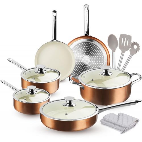  FRUITEAM 13-Piece Cookware Set Non-stick Ceramic Coating Cooking Set, Induction Pots Pans Set with Lids, Heavy Duty Stainless Steel Handles, Induction, Oven, Gas, Stovetops Compati