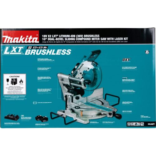  Makita XSL06PT 18V x2 LXT Lithium-Ion (36V) Brushless Cordless 10 Dual-Bevel Sliding Compound Miter Saw with Laser Kit (5.0Ah)